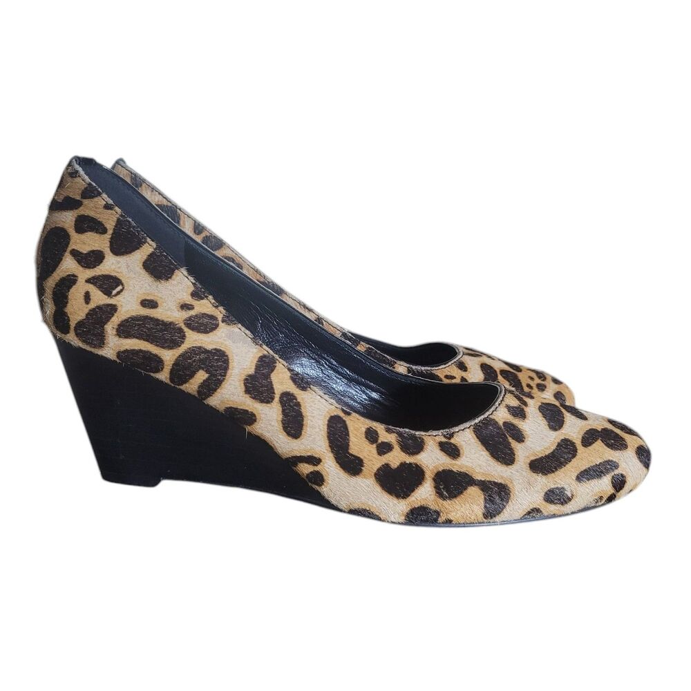 Ecco Leopard Print Calf Hair Wedge Heels Size 38 US 7 - 7.5 Tan Black Career